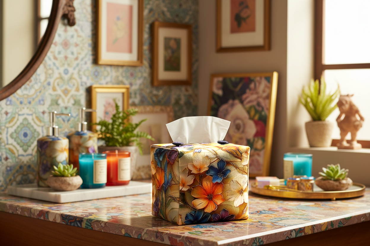 Tissue box cover with colourful floral design displayed in a bathroom and bedroom