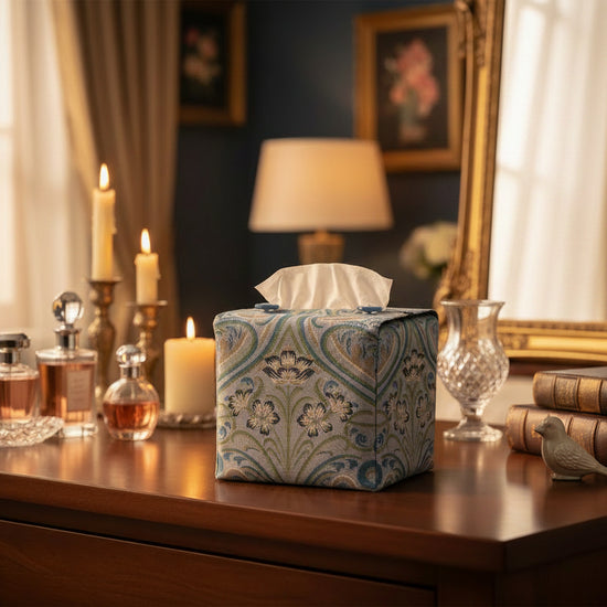 Tissue box with Victorian floral design displayed in a bedroom and kitchen