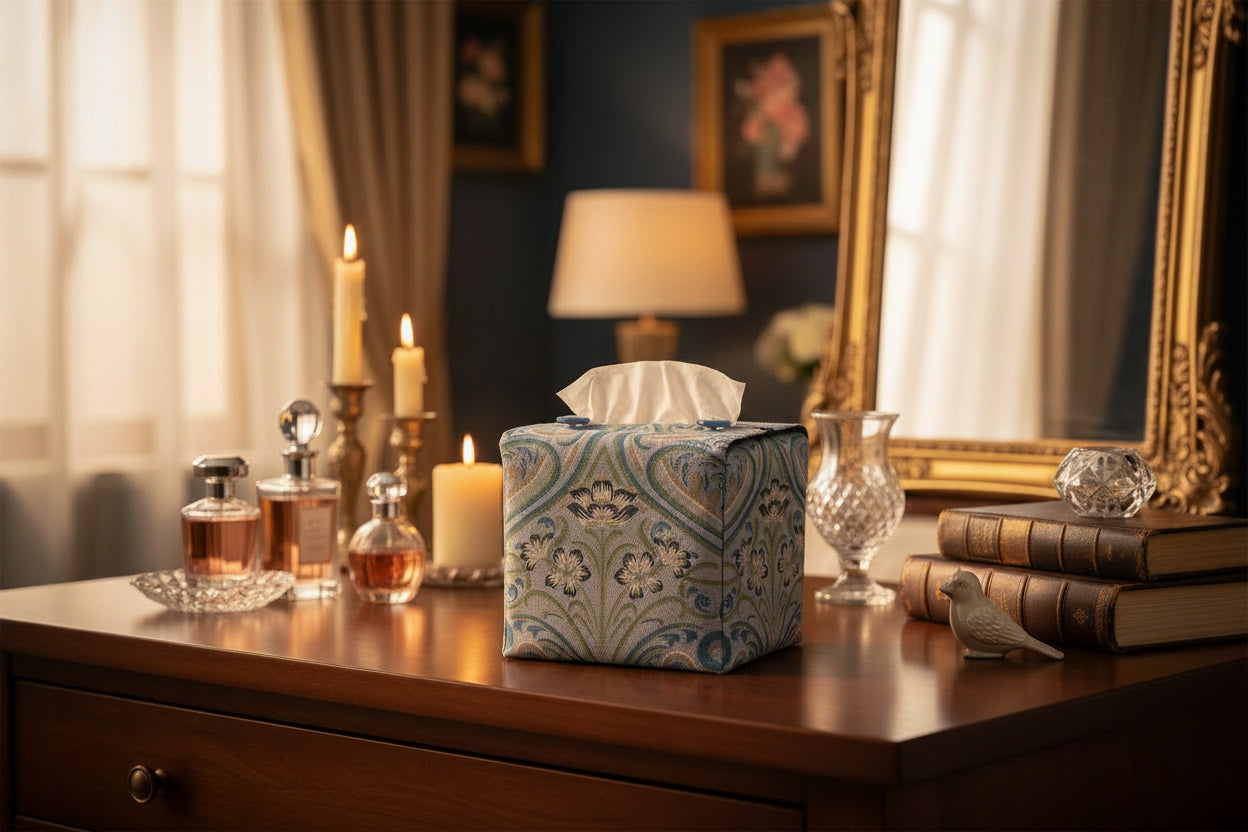 Tissue box with Victorian floral design displayed in a bedroom and kitchen