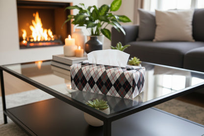 Tissue box cover with black and white Argyle pattern displayed in a home entrance and living room