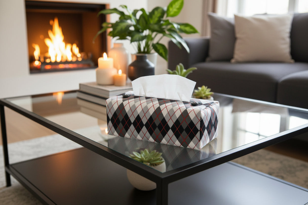 Tissue box cover with black and white Argyle pattern displayed in a home entrance and living room