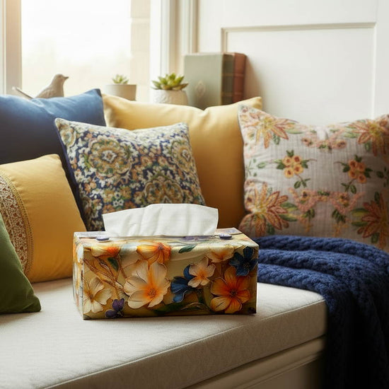 Tissue box cover with colourful floral design displayed in a bathroom and bedroom