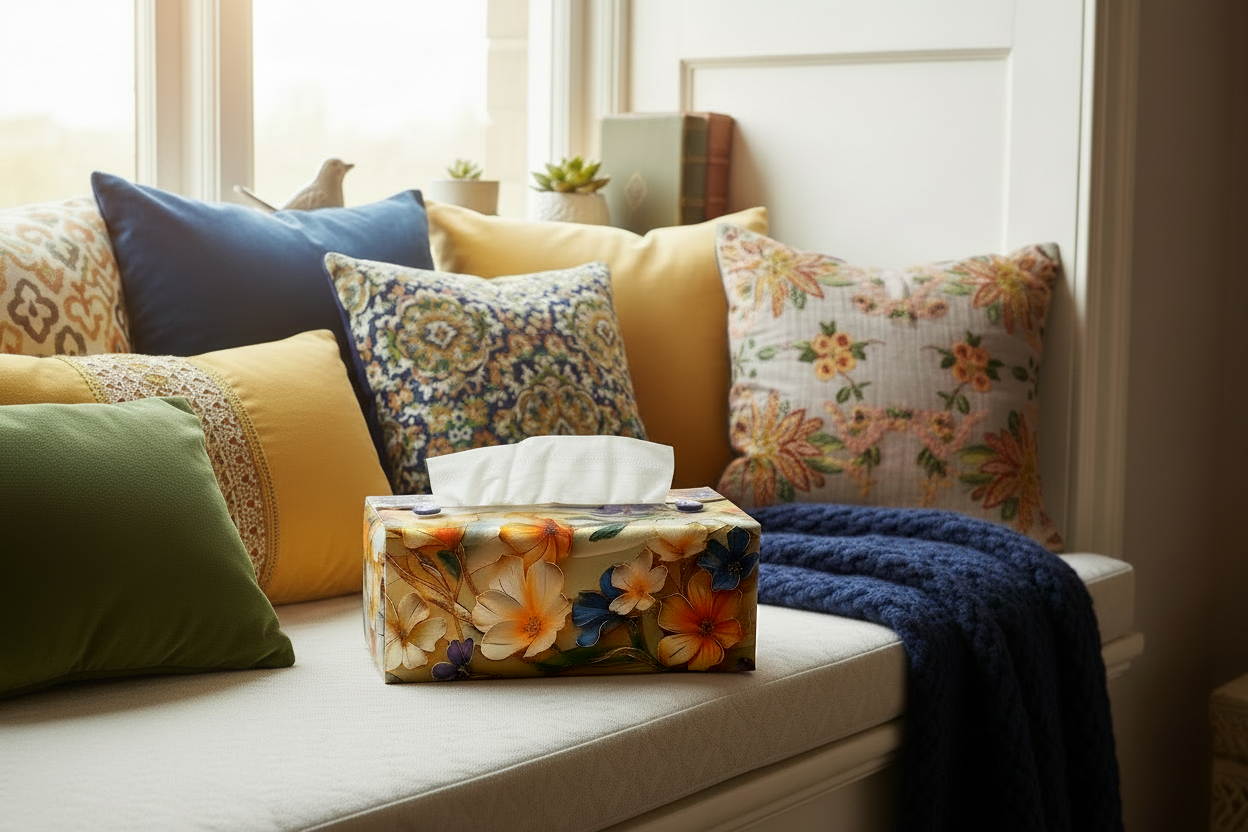 Tissue box cover with colourful floral design displayed in a bathroom and bedroom