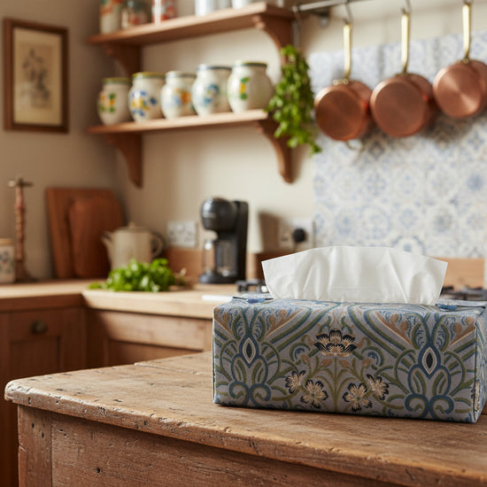 Tissue box with Victorian floral design displayed in a bedroom and kitchen
