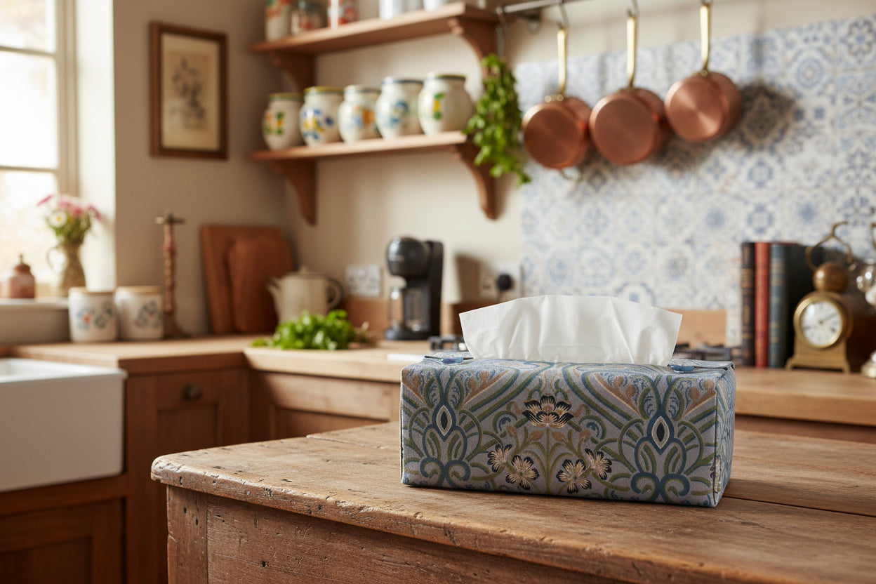 Tissue box with Victorian floral design displayed in a bedroom and kitchen