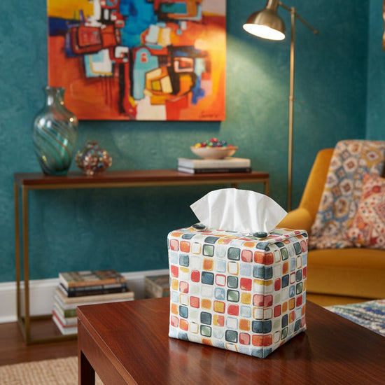 Tissue box cover with colourful squares pattern displayed in living rooms