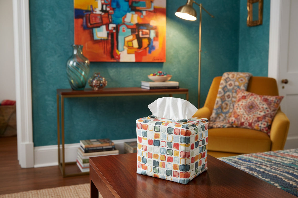 Tissue box cover with colourful squares pattern displayed in living rooms