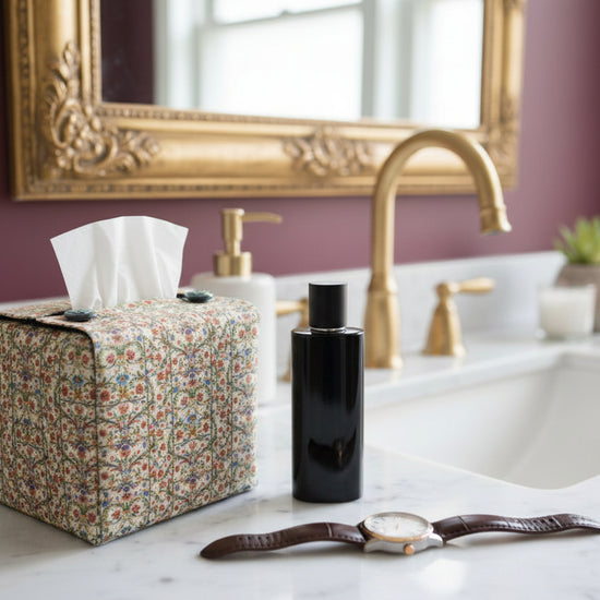 Tissue box cover with floral design displayed in a bathroom and hallway