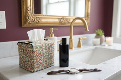 Tissue box cover with floral design displayed in a bathroom and hallway