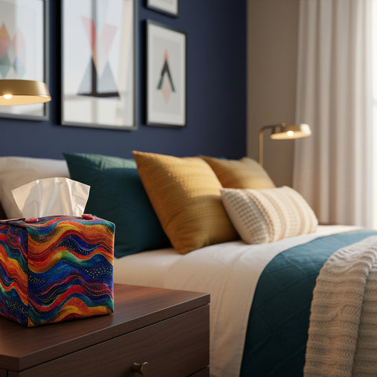 Tissue box cover with a colourful wave design displayed in a bedroom and kitchen