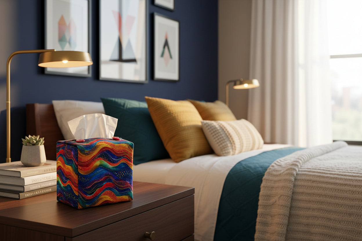 Tissue box cover with a colourful wave design displayed in a bedroom and kitchen
