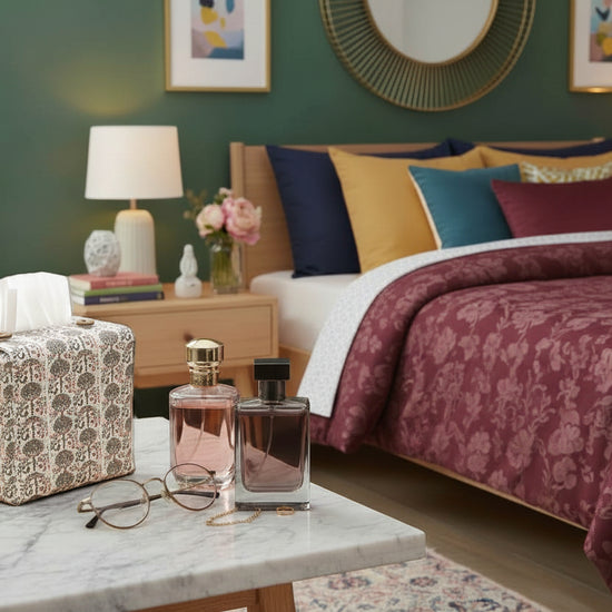 Tissue box cover with orchard pattern displayed in a bedroom and living room