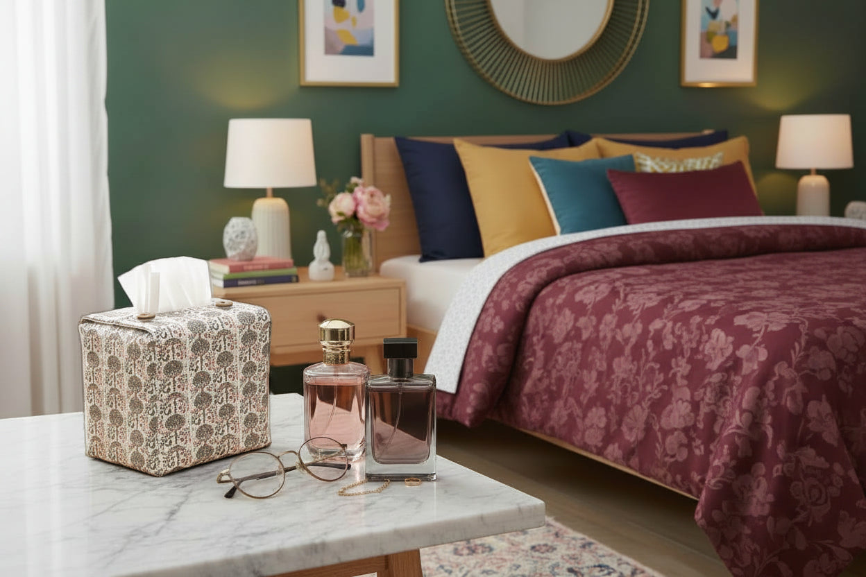Tissue box cover with orchard pattern displayed in a bedroom and living room