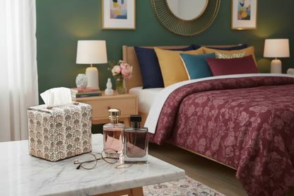 Tissue box cover with orchard pattern displayed in a bedroom and living room