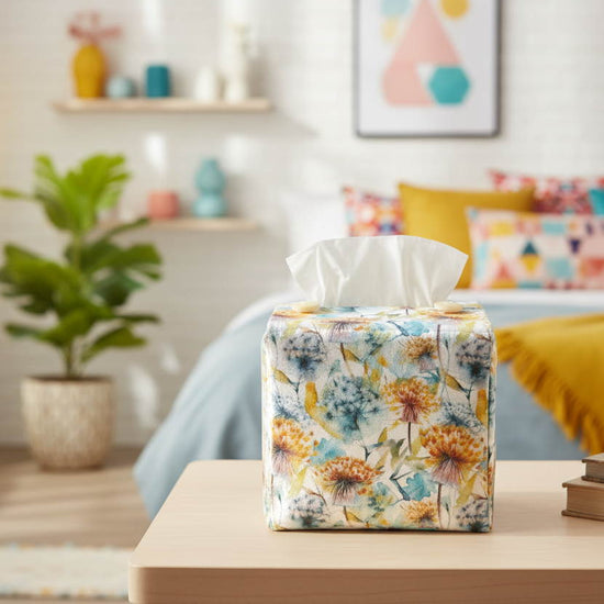 Tissue box cover with dandelion pattern displayed in a bedroom and bathroom