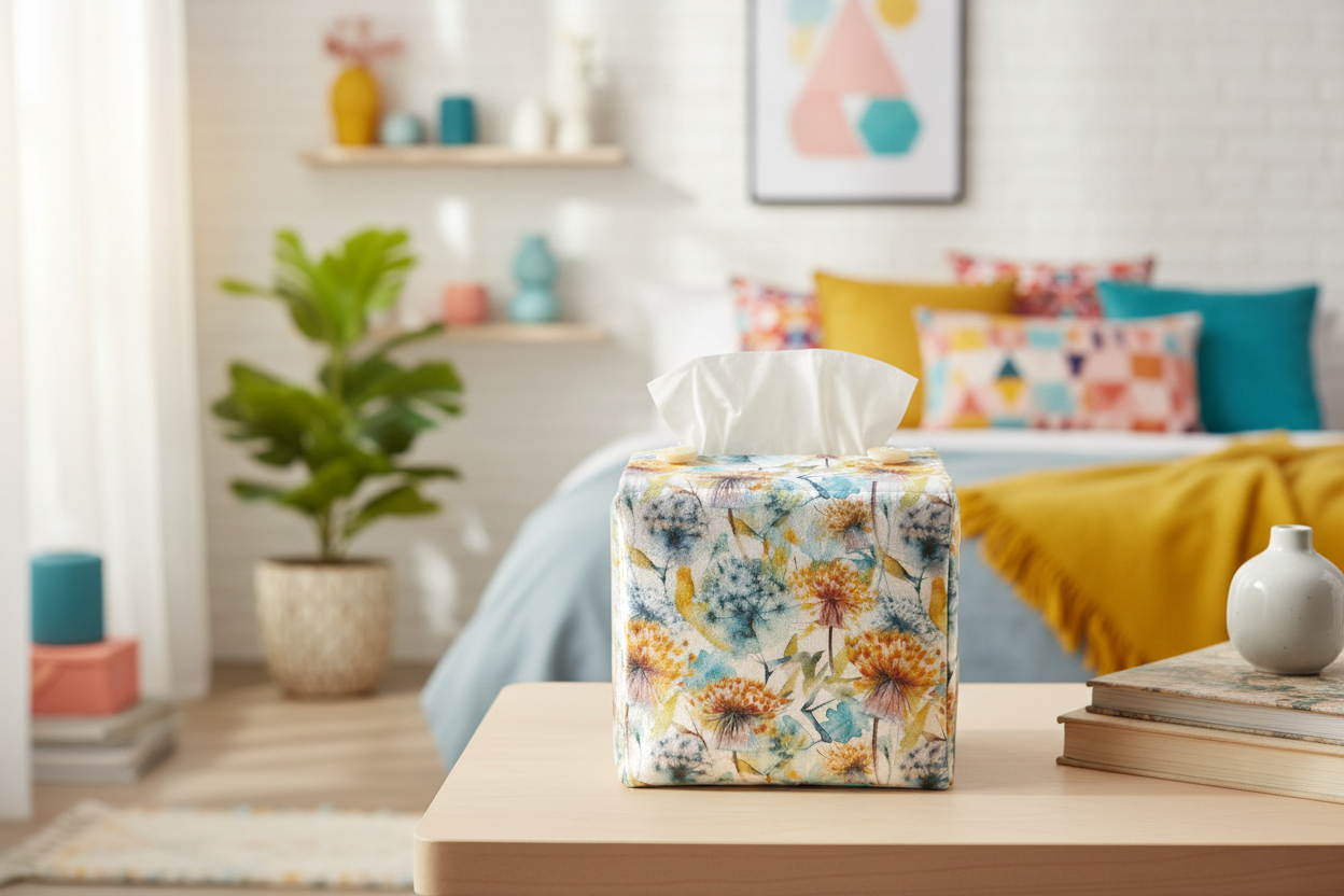 Tissue box cover with dandelion pattern displayed in a bedroom and bathroom
