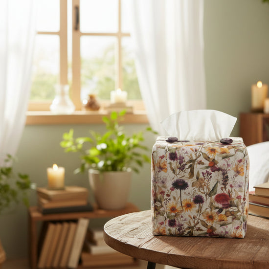 Tissue box cover with colourful wildflowers design displayed in a bedroom and bathroom