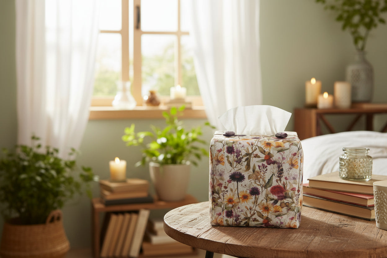 Tissue box cover with colourful wildflowers design displayed in a bedroom and bathroom