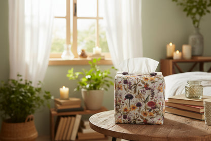Tissue box cover with colourful wildflowers design displayed in a bedroom and bathroom