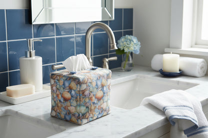 Tissue box cover with seashells pattern displayed in a bathroom and living room