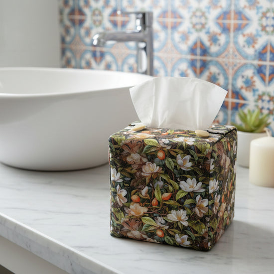 Tissue box cover with colourful floral design displayed in a bathroom and bedroom
