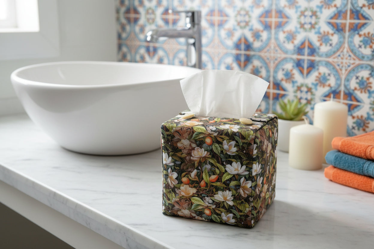 Tissue box cover with colourful floral design displayed in a bathroom and bedroom