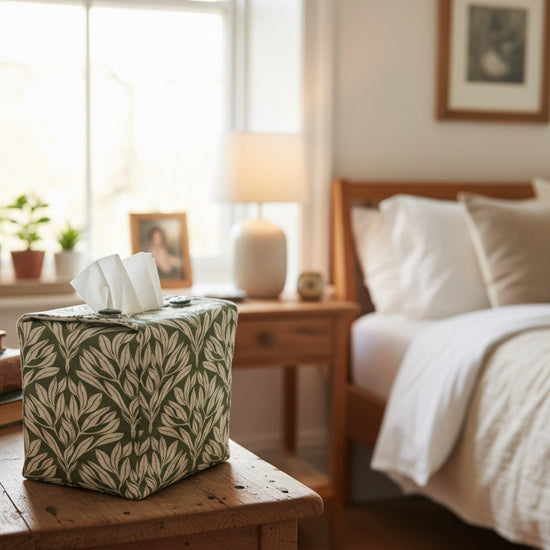 Sage green tissue box cover with leaf design displayed in a bedroom and living room