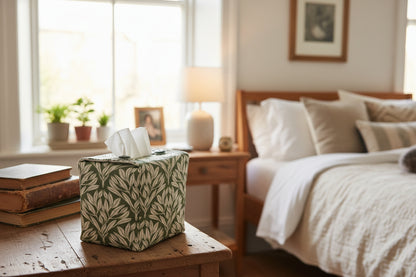 Sage green tissue box cover with leaf design displayed in a bedroom and living room