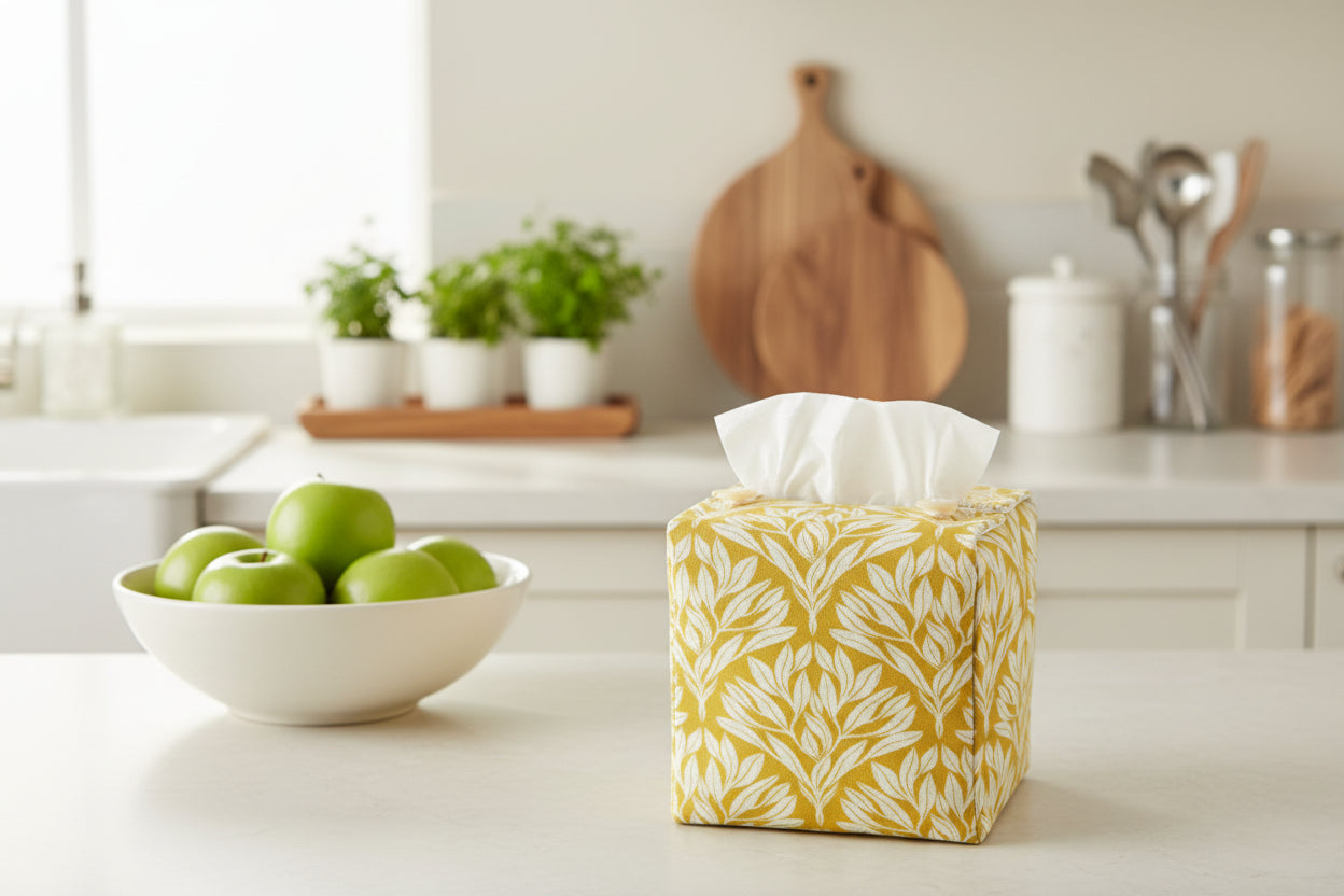 Handmade linen cube tissue box cover with floral design on yellow background displayed in a kitchen