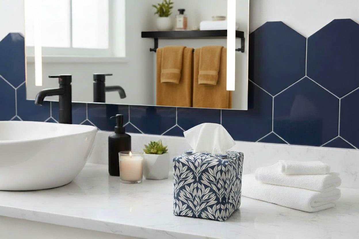 Blue tissue box cover with leaf design displayed in a bathroom and living room