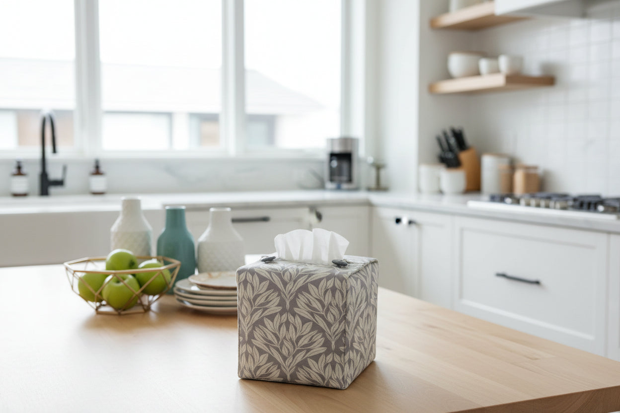 Handmade linen tissue box covers with leaf pattern on grey background displayed in a kitchen and living room