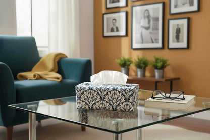 Blue tissue box cover with leaf design displayed in a bathroom and living room