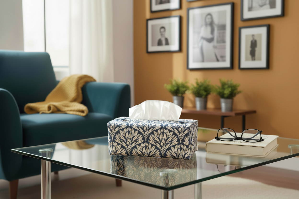Blue tissue box cover with leaf design displayed in a bathroom and living room