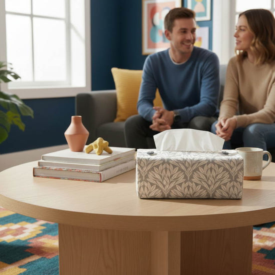 Handmade linen tissue box covers with leaf pattern on grey background displayed in a kitchen and living room
