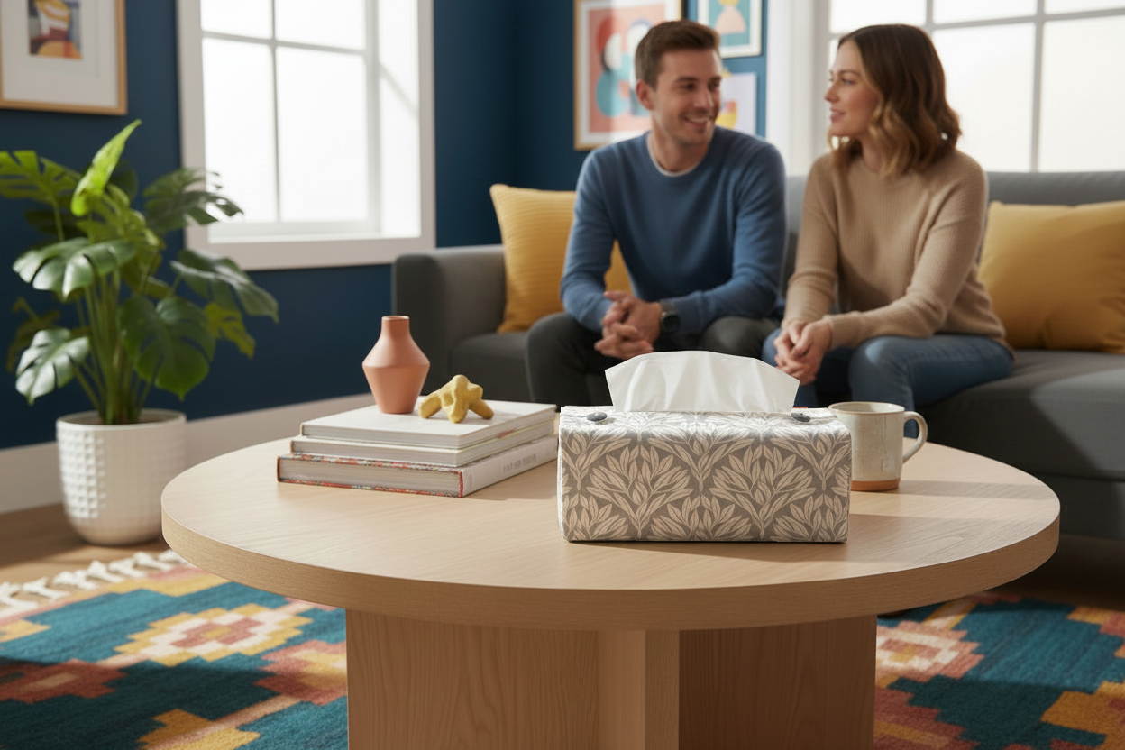 Handmade linen tissue box covers with leaf pattern on grey background displayed in a kitchen and living room
