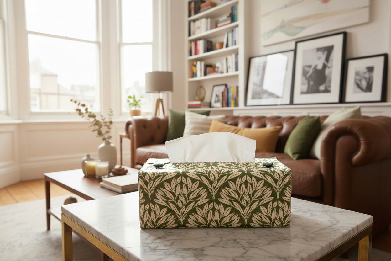 Sage green tissue box cover with leaf design displayed in a bedroom and living room
