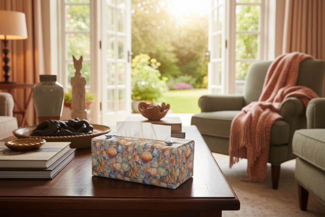 Tissue box cover with seashells pattern displayed in a bathroom and living room