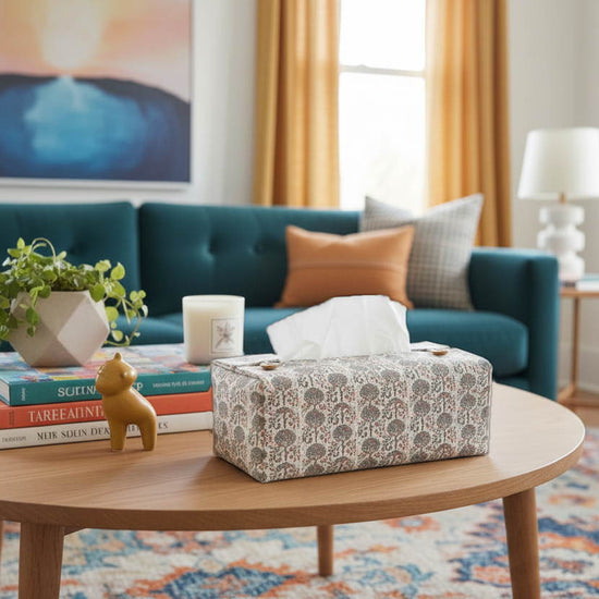 Tissue box cover with orchard pattern displayed in a bedroom and living room