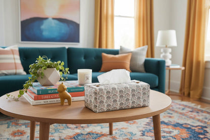 Tissue box cover with orchard pattern displayed in a bedroom and living room