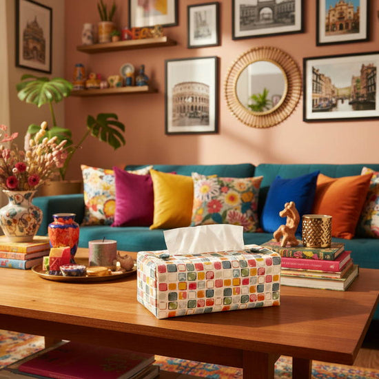 Tissue box cover with colourful squares pattern displayed in living rooms