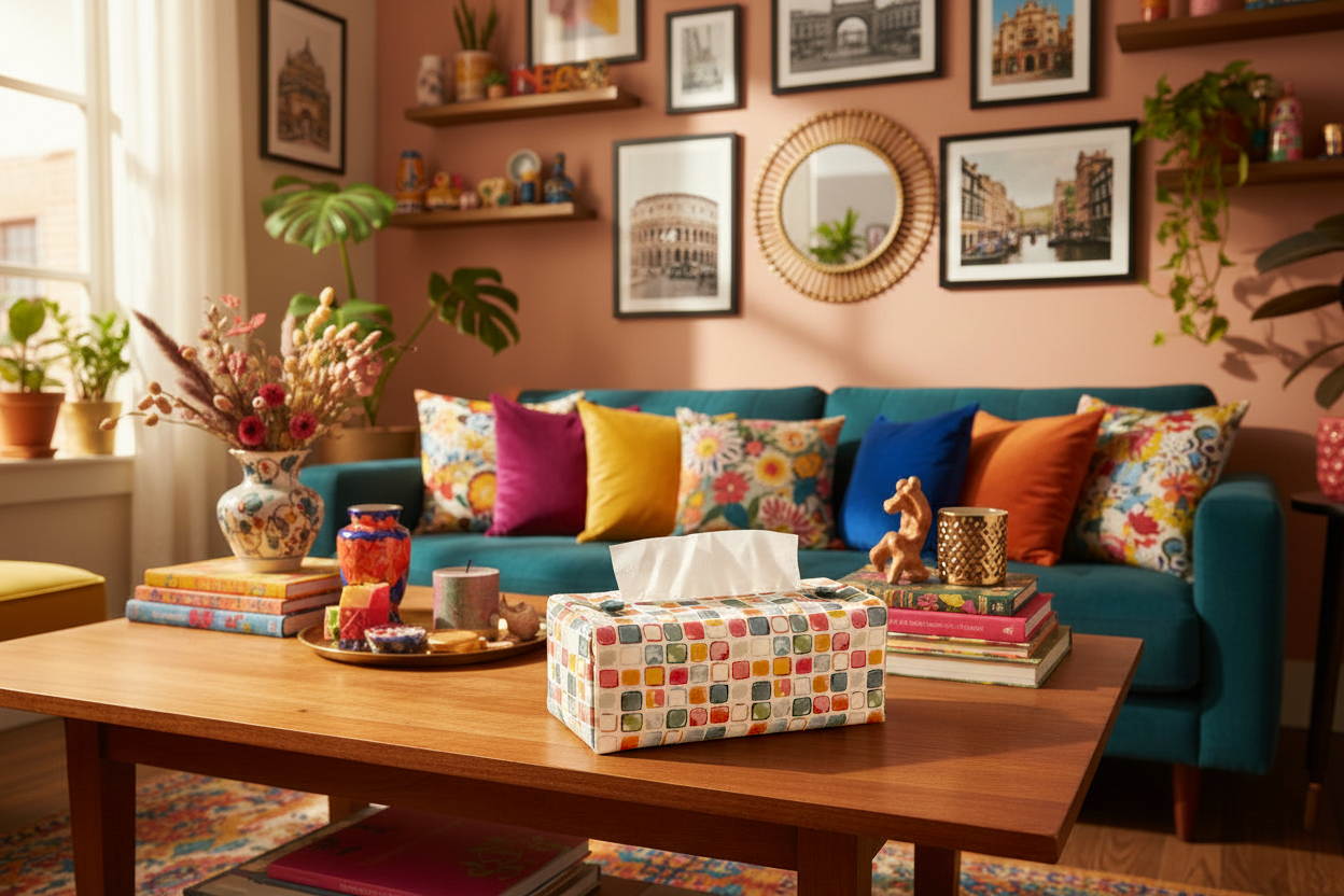 Tissue box cover with colourful squares pattern displayed in living rooms
