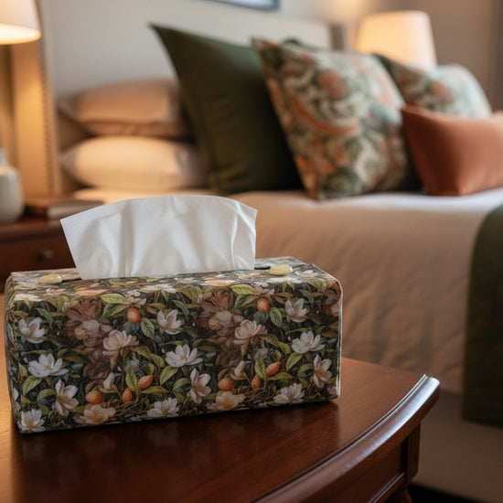 Tissue box cover with colourful floral design displayed in a bathroom and bedroom