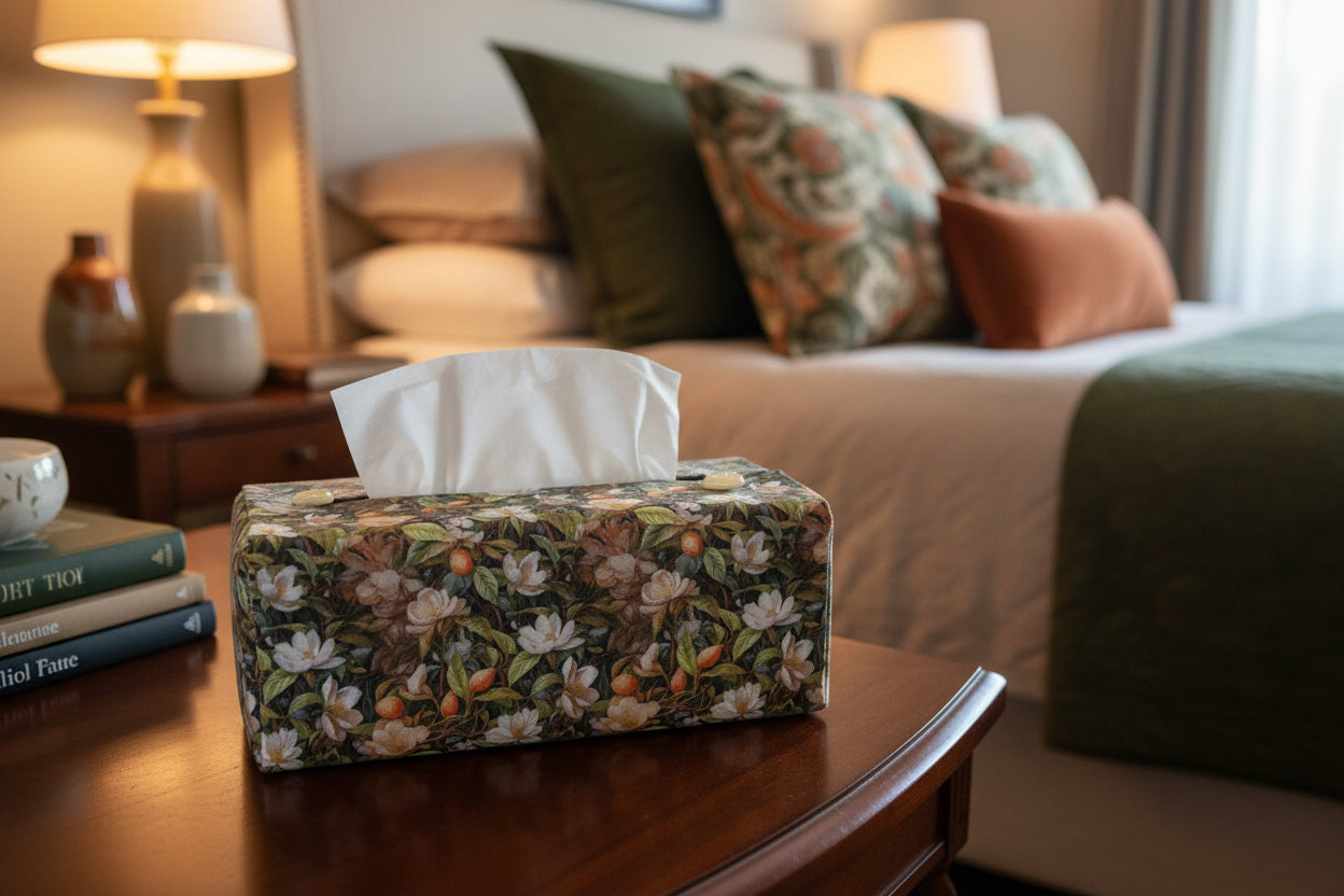Tissue box cover with colourful floral design displayed in a bathroom and bedroom