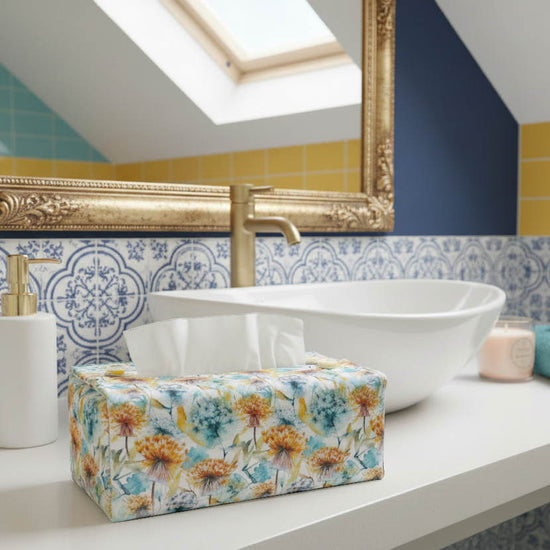 Tissue box cover with dandelion pattern displayed in a bedroom and bathroom