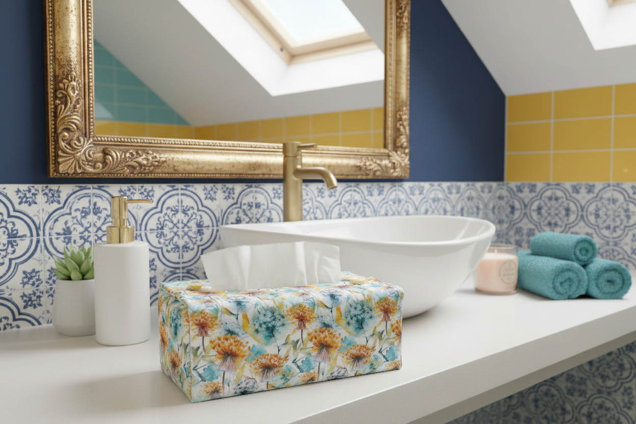 Tissue box cover with dandelion pattern displayed in a bedroom and bathroom