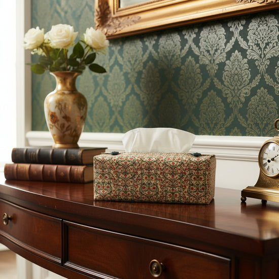 Tissue box cover with floral design displayed in a bathroom and hallway