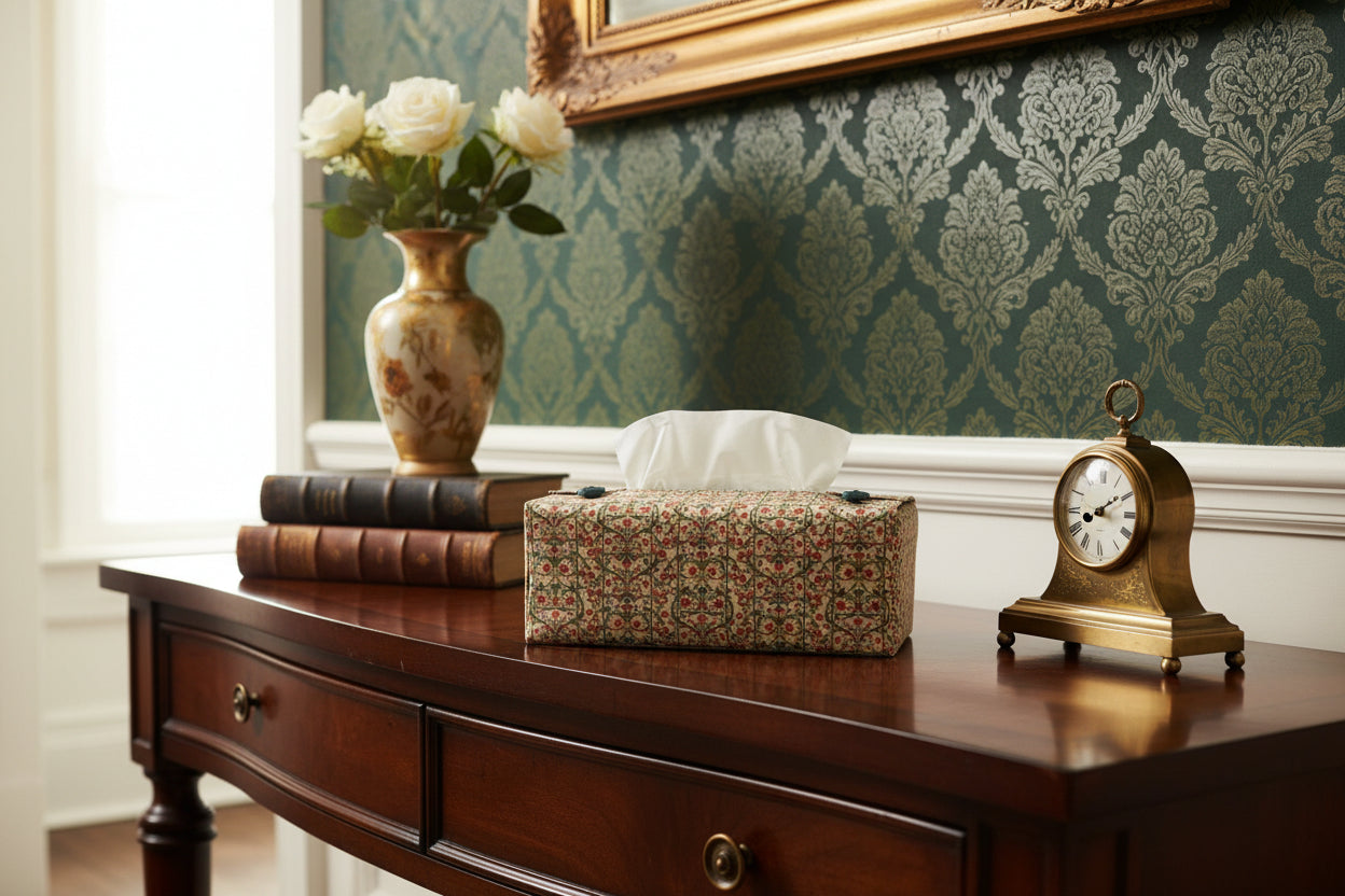 Tissue box cover with floral design displayed in a bathroom and hallway