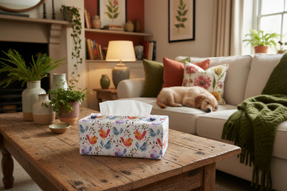 Rectangular Fabric Tissue Box Cover - Sleepy Birds Watercolour Design