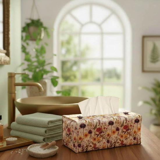 Tissue box cover with colourful wildflowers design displayed in a bedroom and bathroom