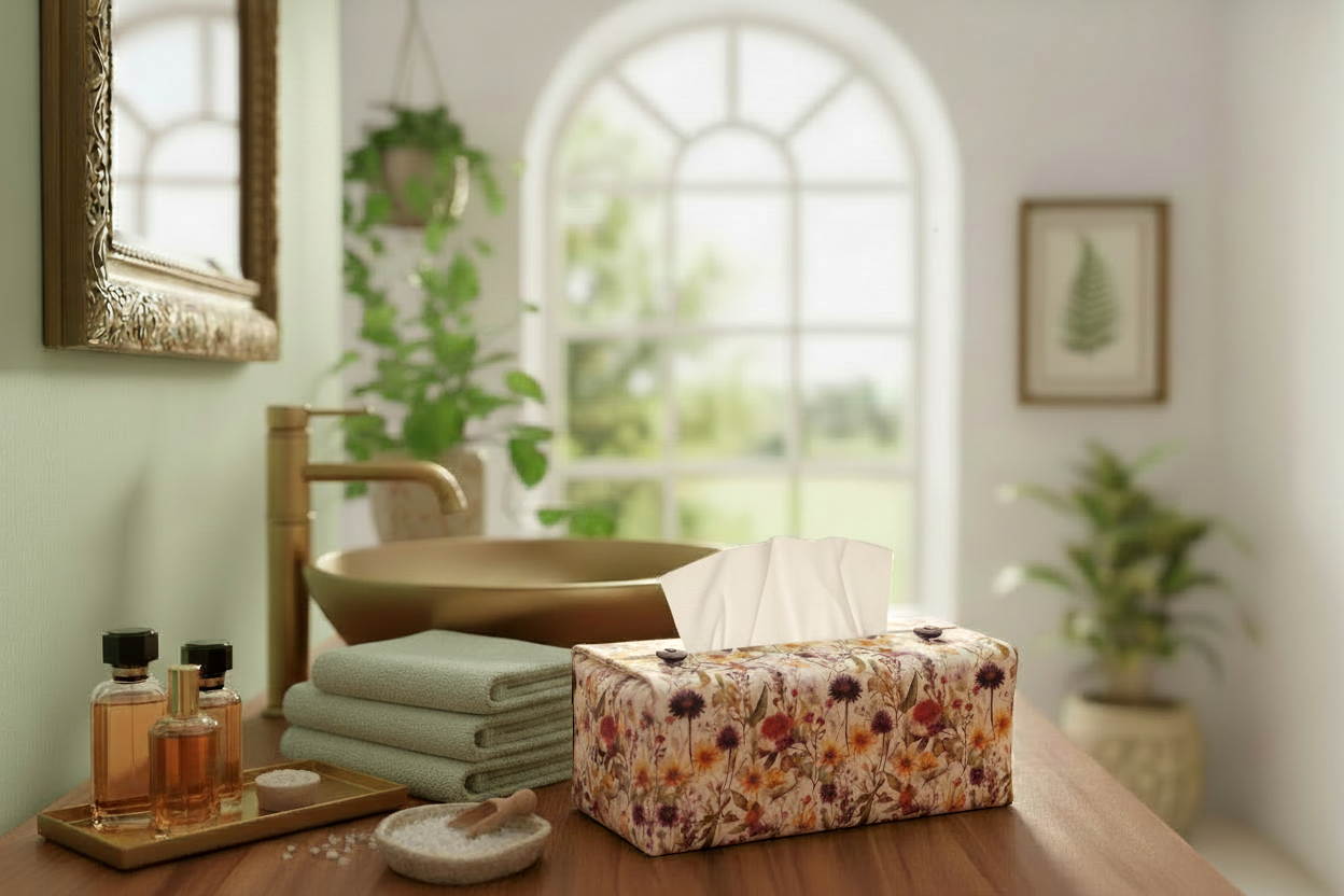 Tissue box cover with colourful wildflowers design displayed in a bedroom and bathroom